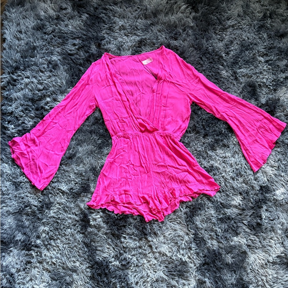 Fashion Nova Hot Pink Ruffle Romper One Piece Beach Coverup – Size Large (NWT)